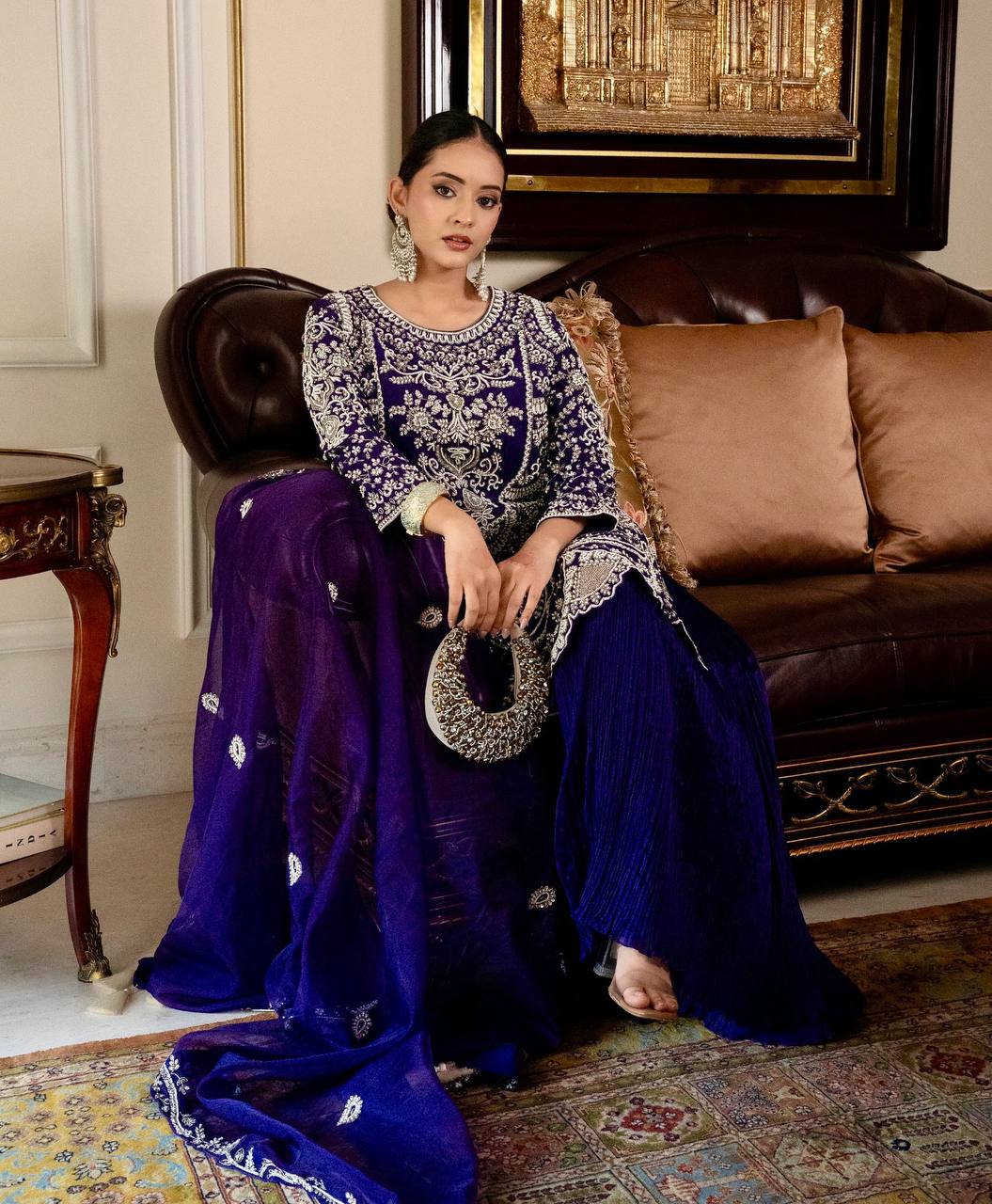 Designer Heavy Work Navy Blue Color Palazzo Suit