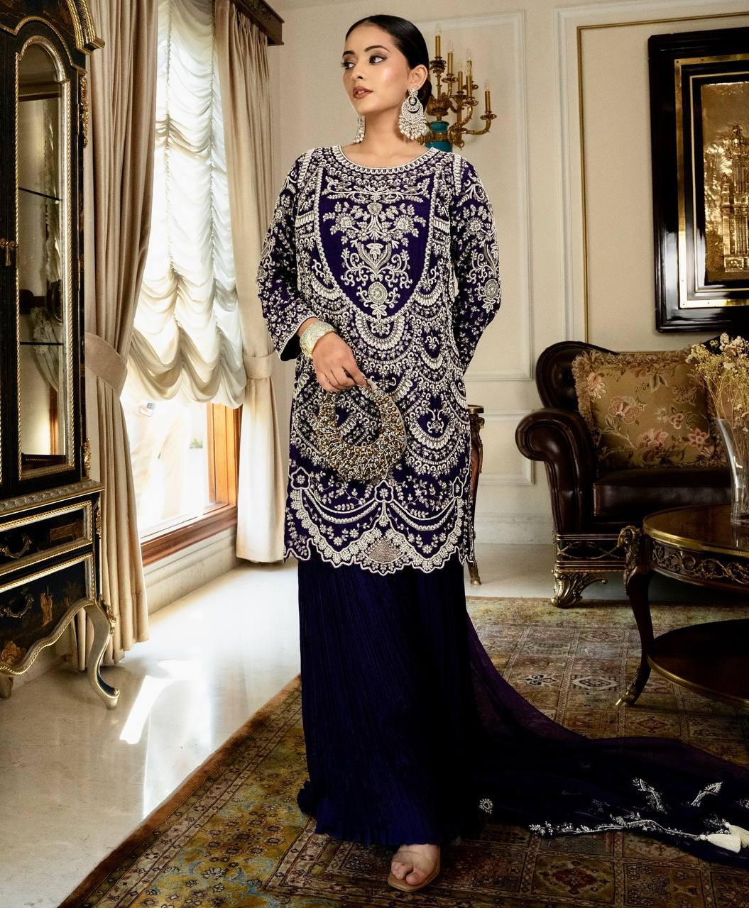 Designer Heavy Work Navy Blue Color Palazzo Suit