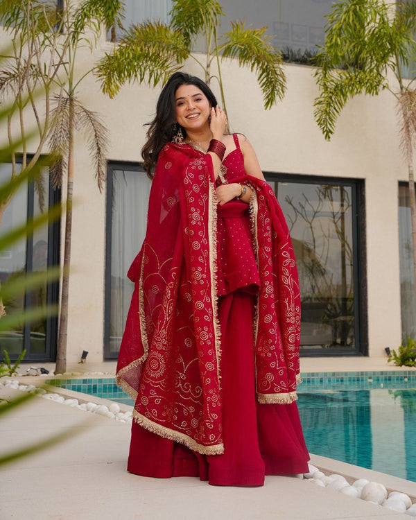 Beautiful Organza Red Color Palazzo Suit