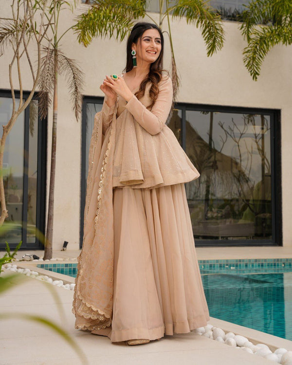 Beautiful Organza Beige Color Palazzo Suit