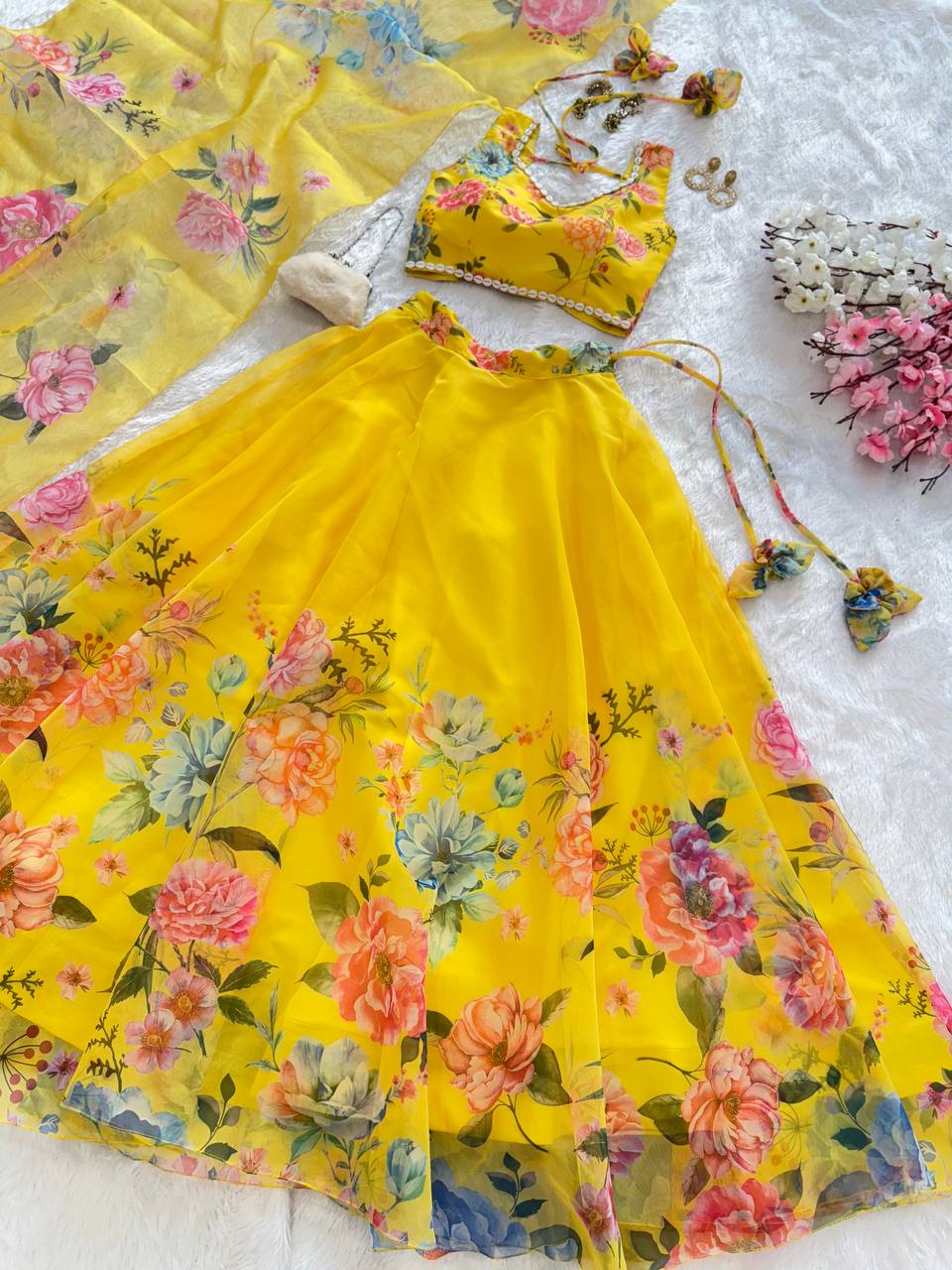 Haldi Wear Multi Flower Printed Yellow Color Lehenga Choli
