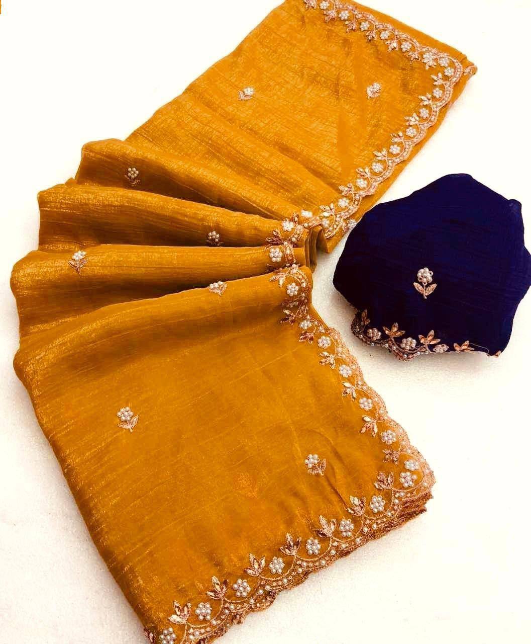 Preferable Embroidery Work Mustard Color Saree