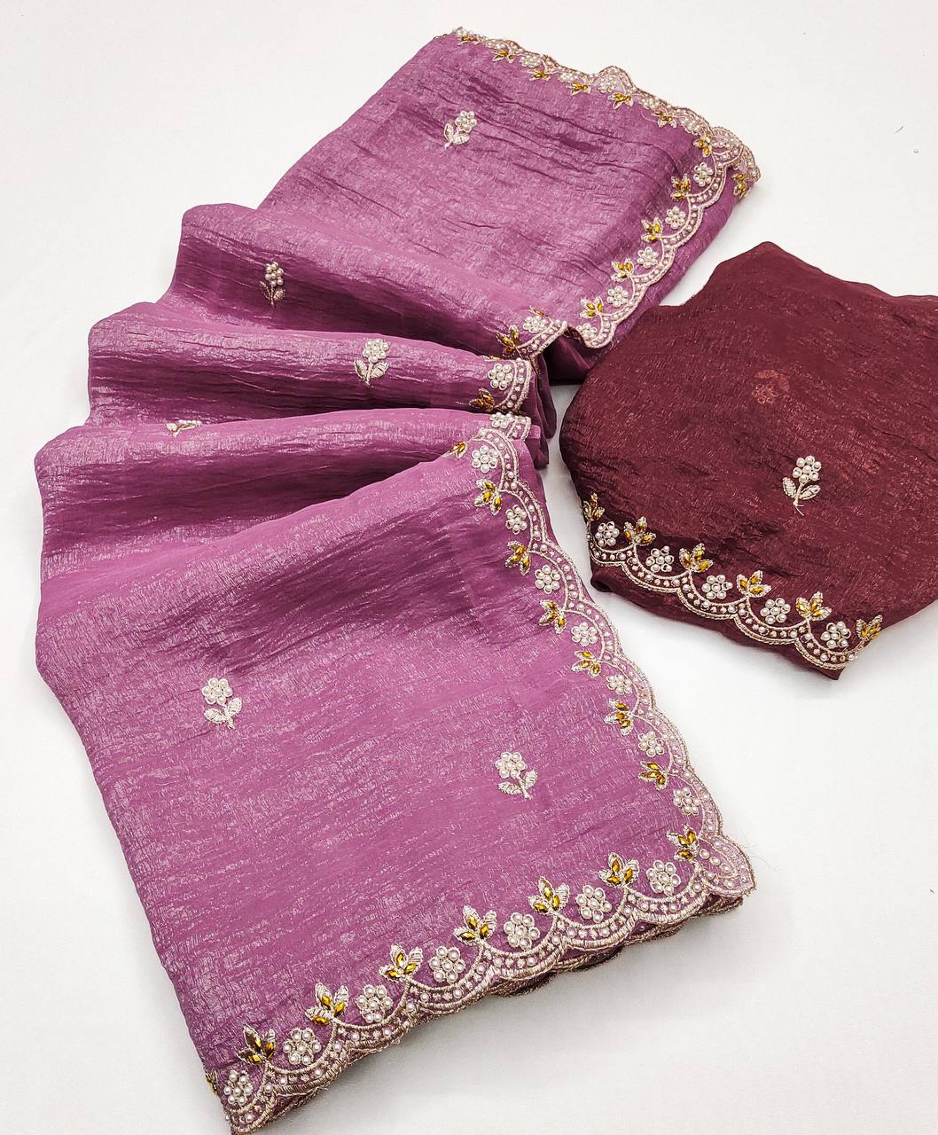 Preferable Embroidery Work Onion Color Saree
