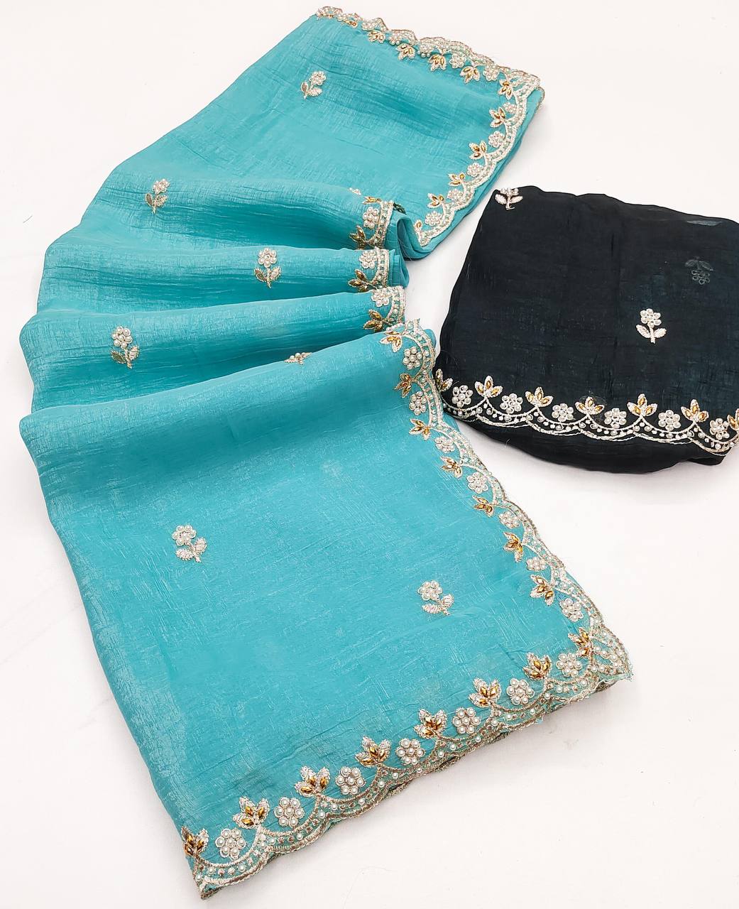 Preferable Embroidery Work Sky Blue Color Saree