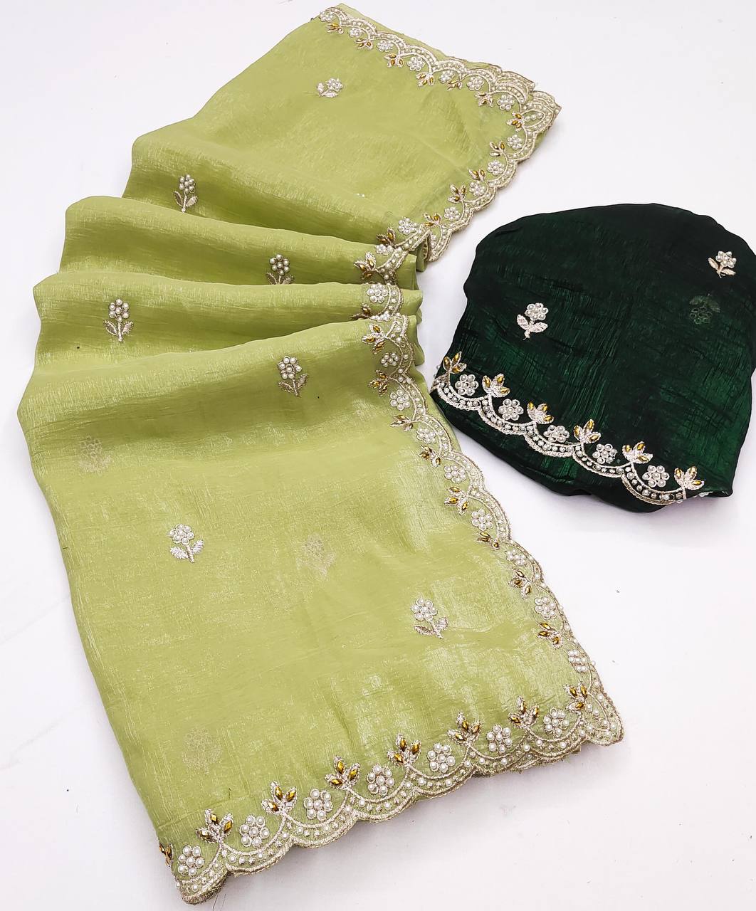Preferable Embroidery Work Pista Color Saree