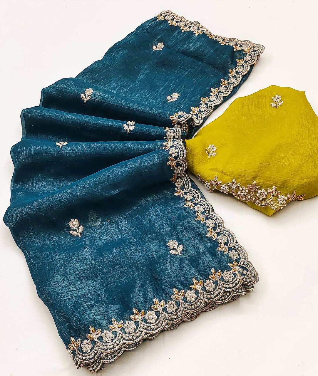 Preferable Embroidery Work Teal Green Color Saree