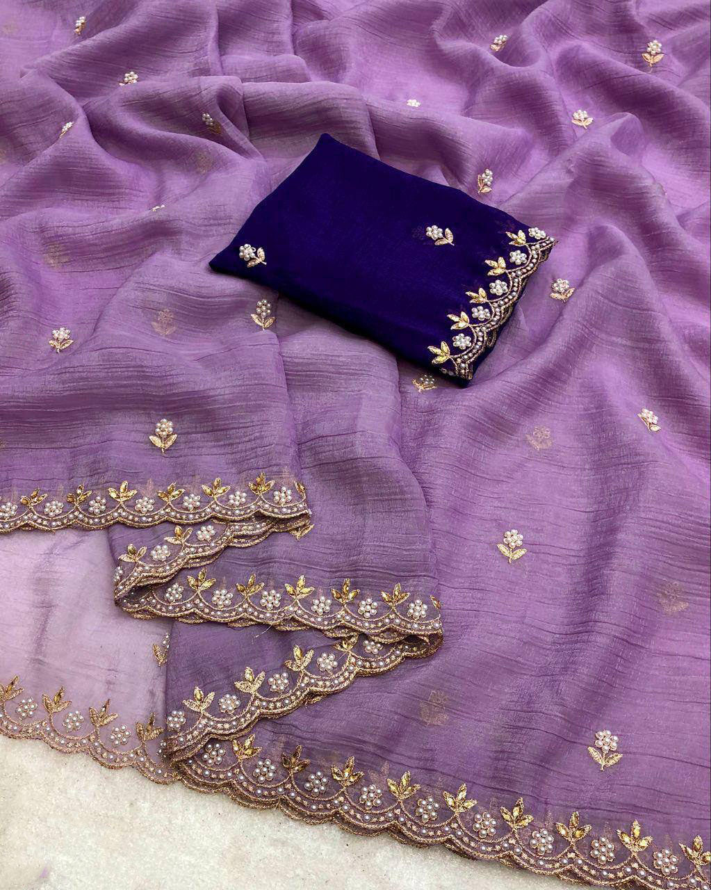 Preferable Embroidery Work Lavender Color Saree