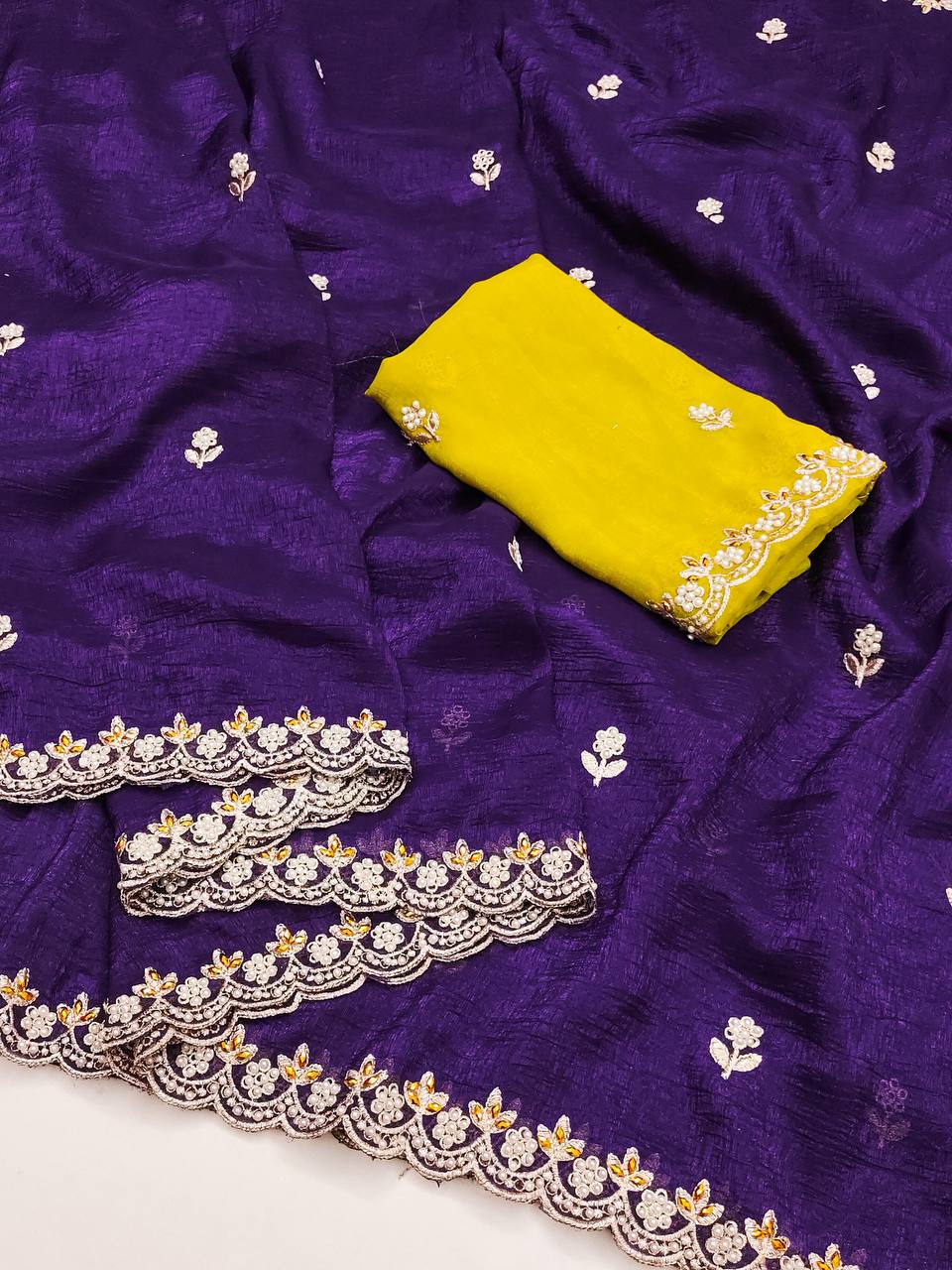 Preferable Embroidery Work Purple Color Saree