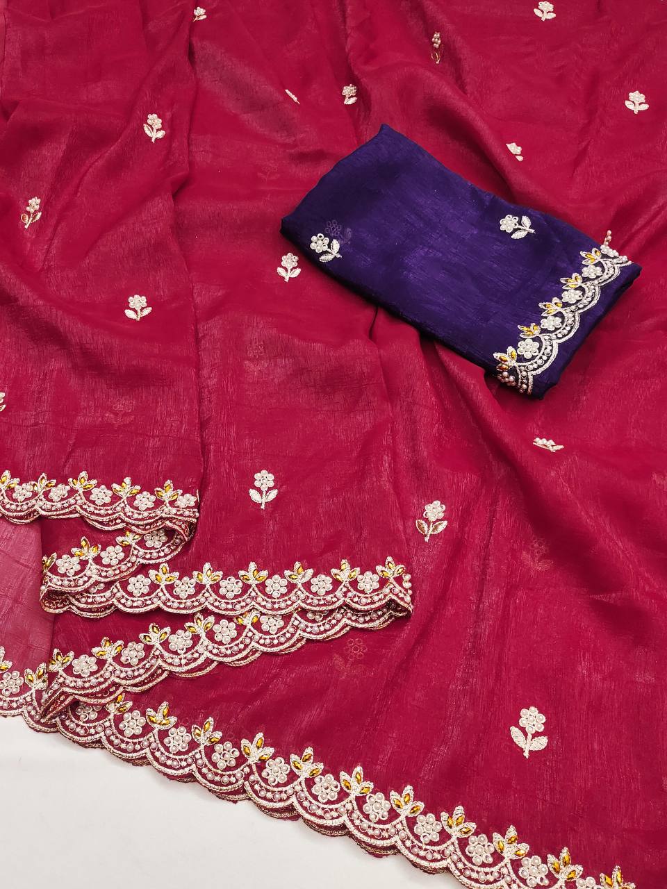 Preferable Embroidery Work Red Color Saree