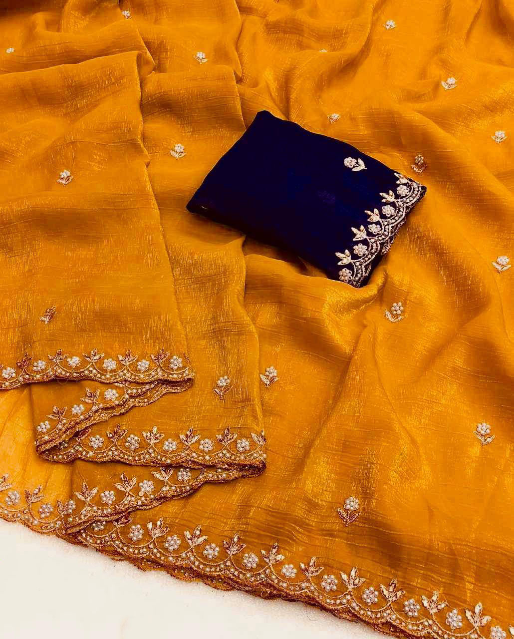 Preferable Embroidery Work Mustard Color Saree