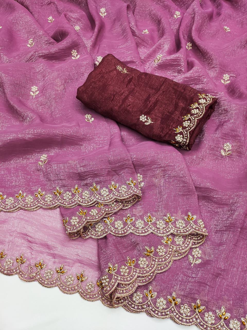 Preferable Embroidery Work Onion Color Saree