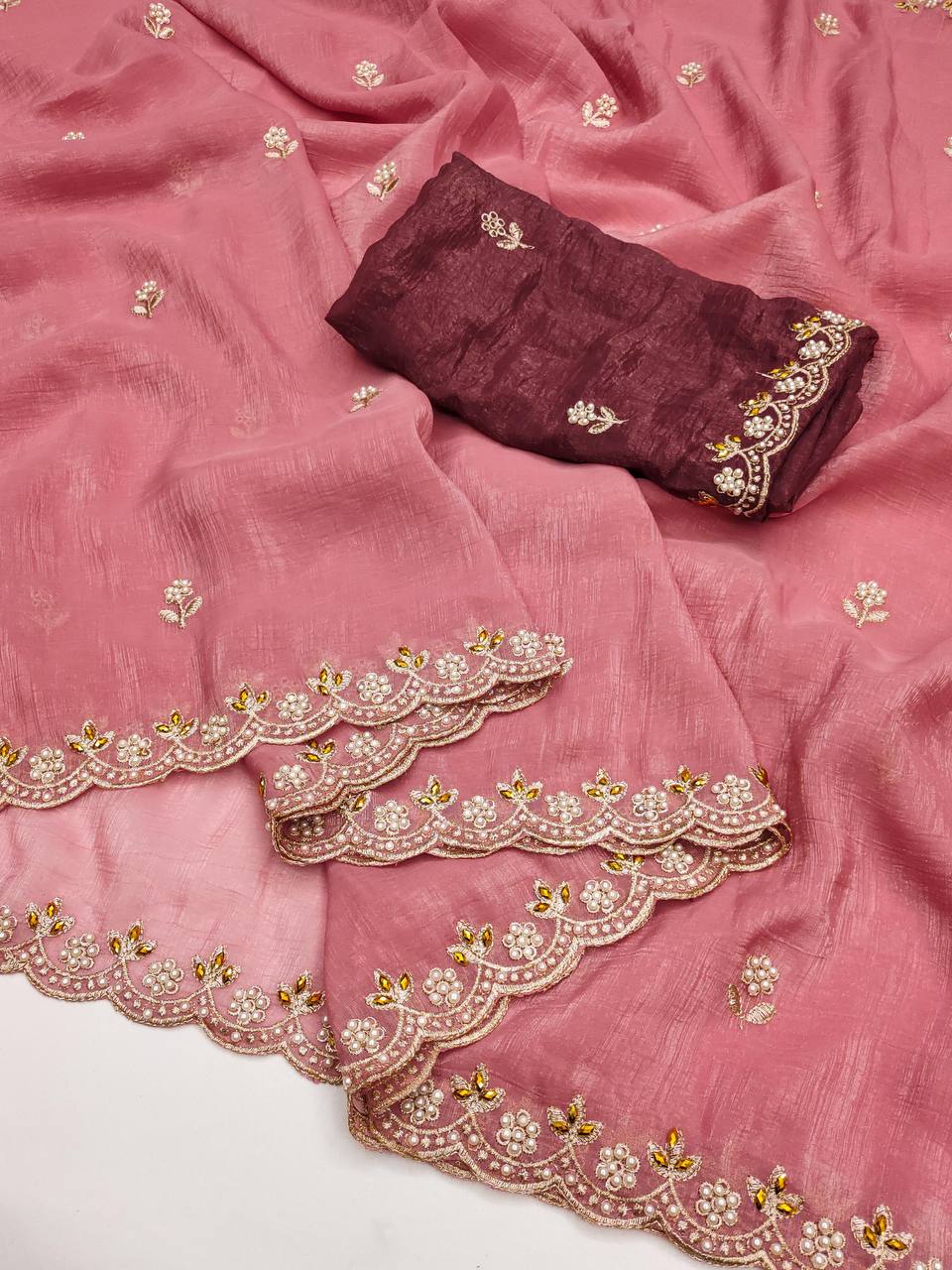 Preferable Embroidery Work Peach Color Saree