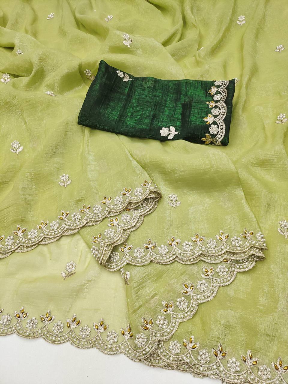Preferable Embroidery Work Pista Color Saree