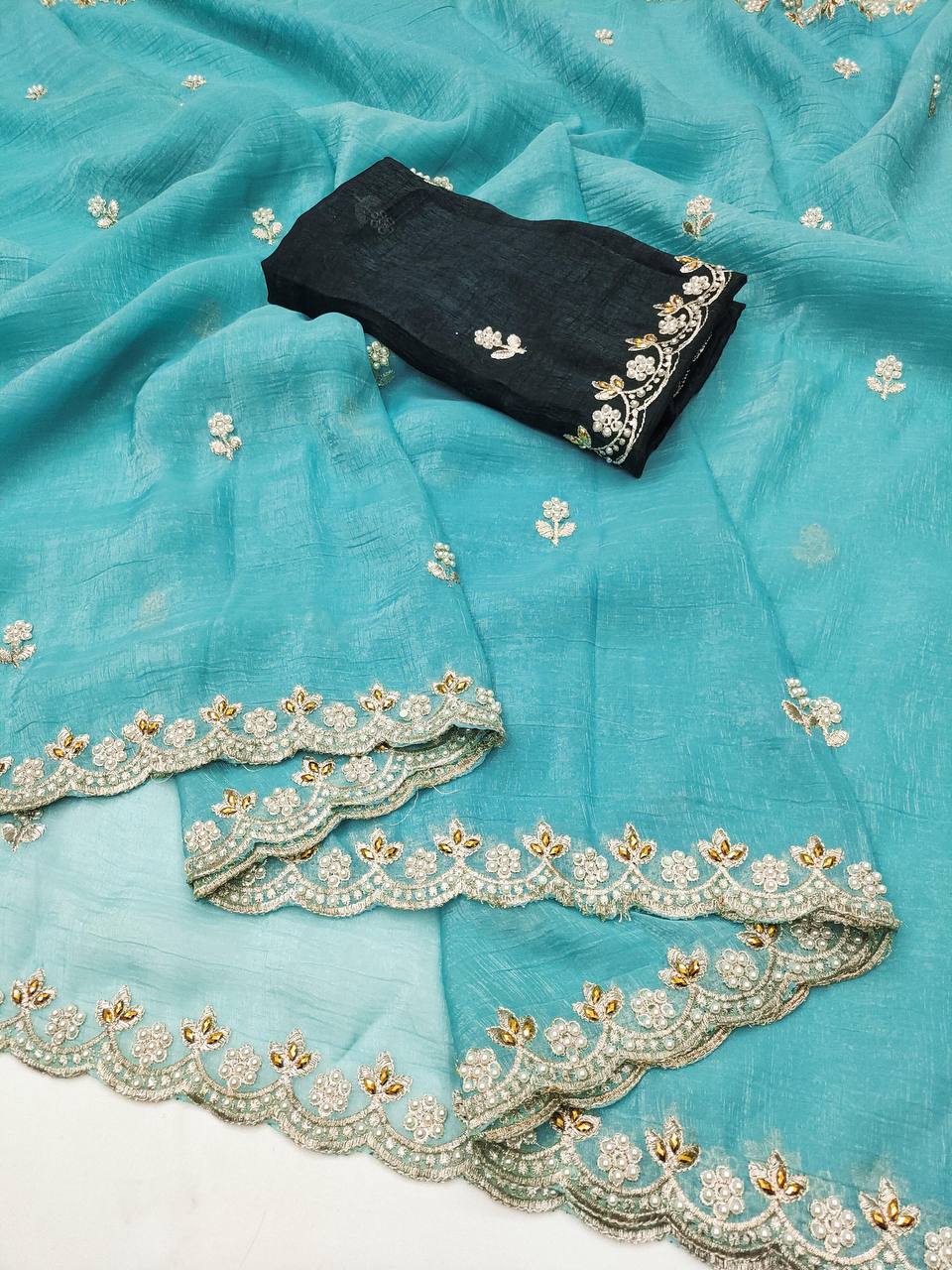 Preferable Embroidery Work Sky Blue Color Saree