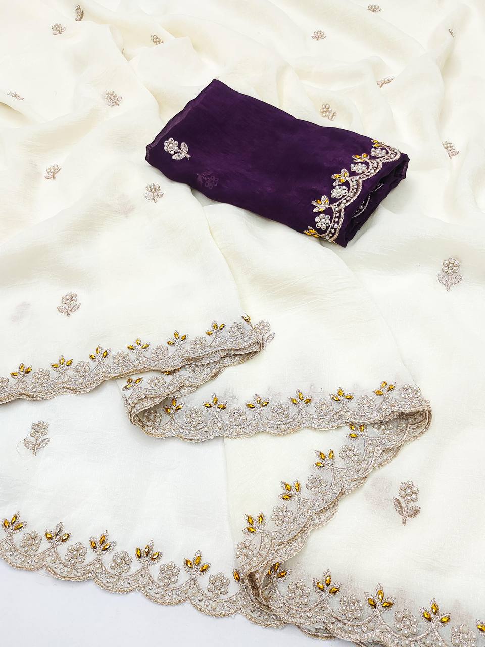 Preferable Embroidery Work White Color Saree