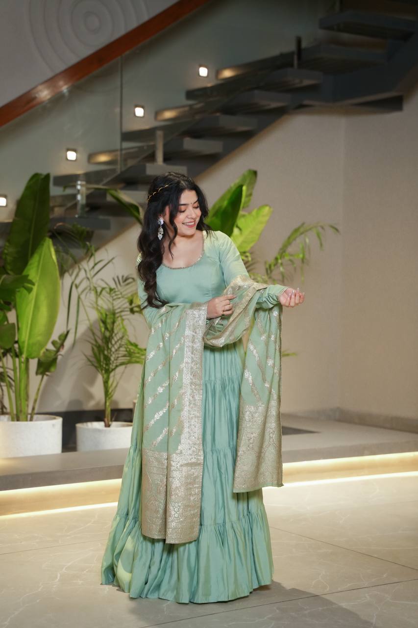 Flattering Roman Silk Pista Color Anarkali Gown