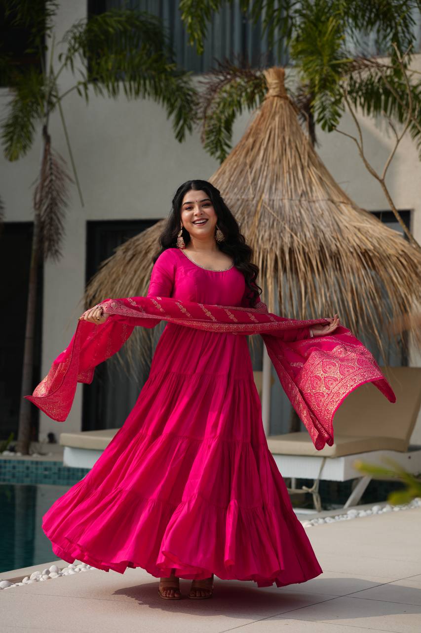 Flattering Roman Silk Pink Color Anarkali Gown