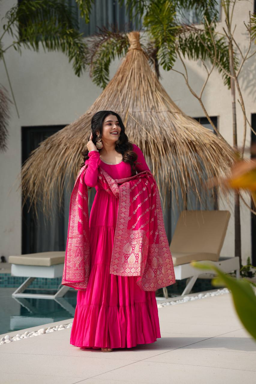 Flattering Roman Silk Pink Color Anarkali Gown