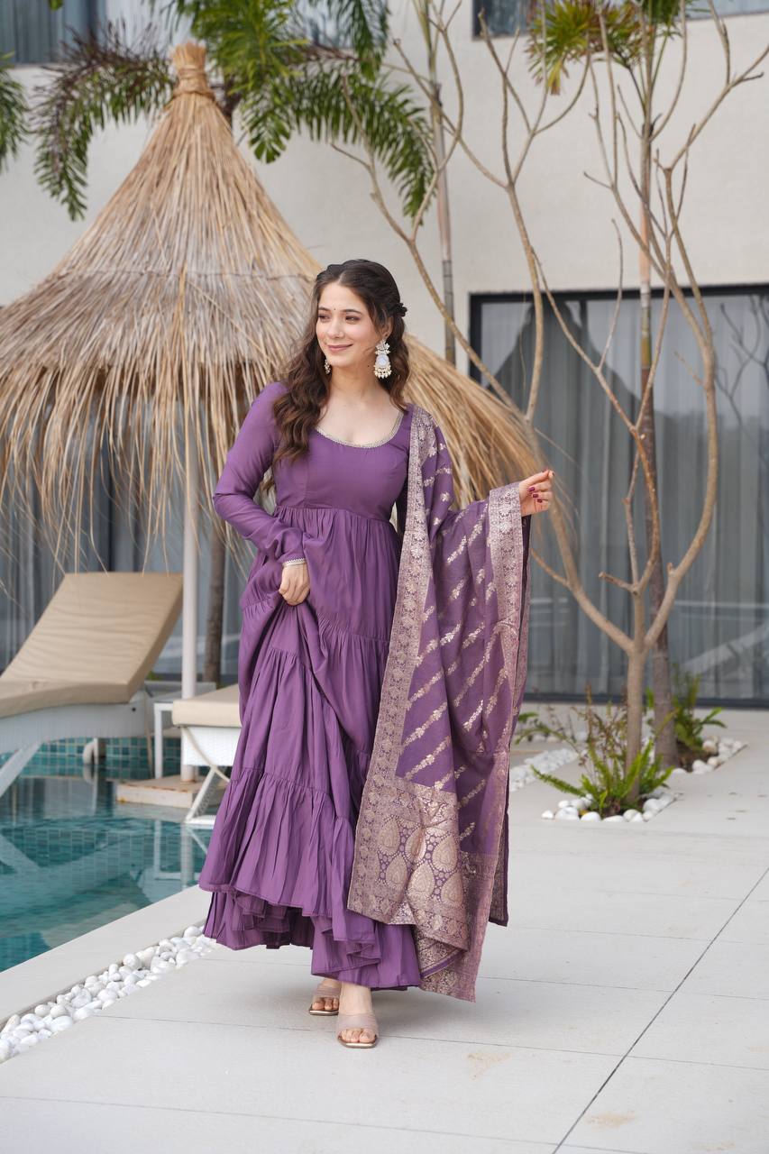 Flattering Roman Silk Onion Color Anarkali Gown