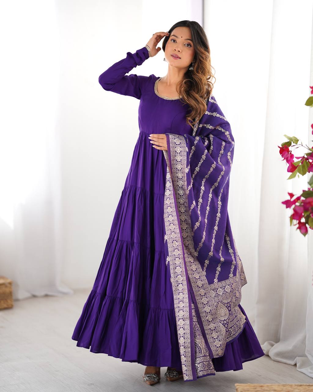 Flattering Roman Silk Purple Color Anarkali Gown