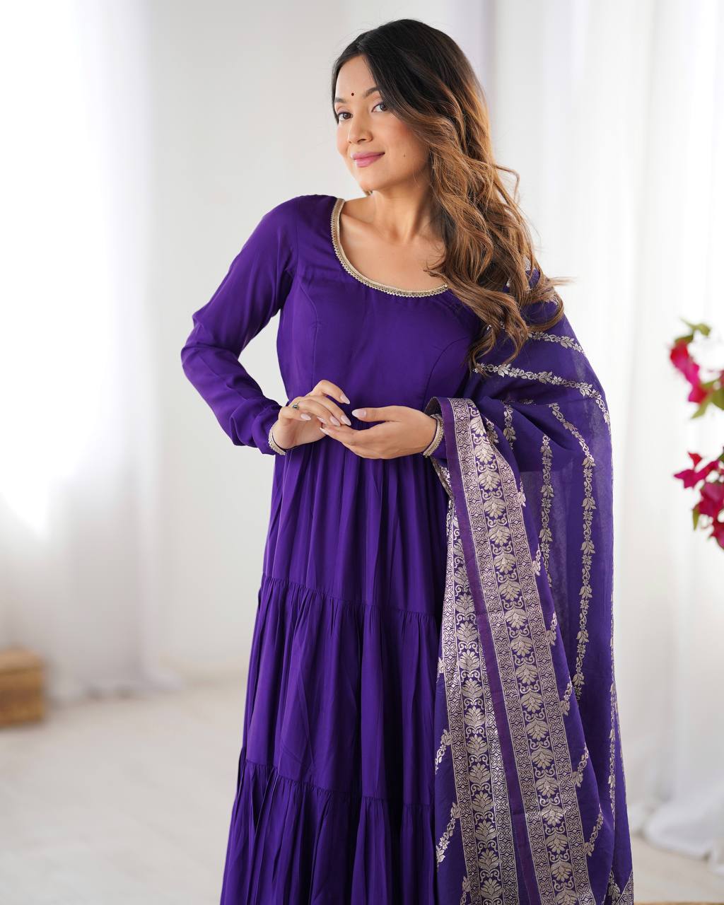 Flattering Roman Silk Purple Color Anarkali Gown