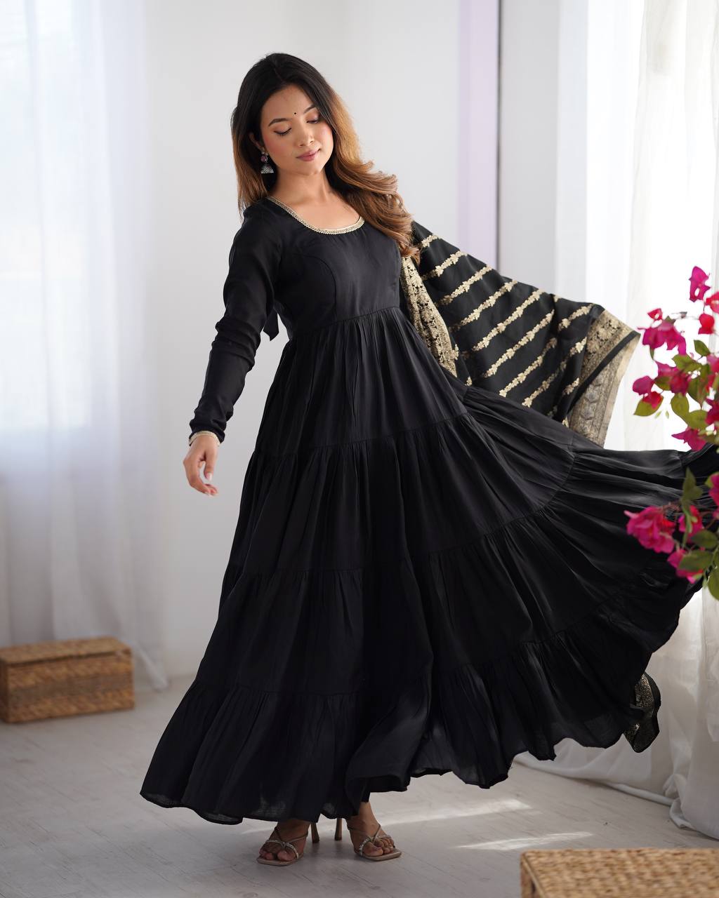 Flattering Roman Silk Black Color Anarkali Gown