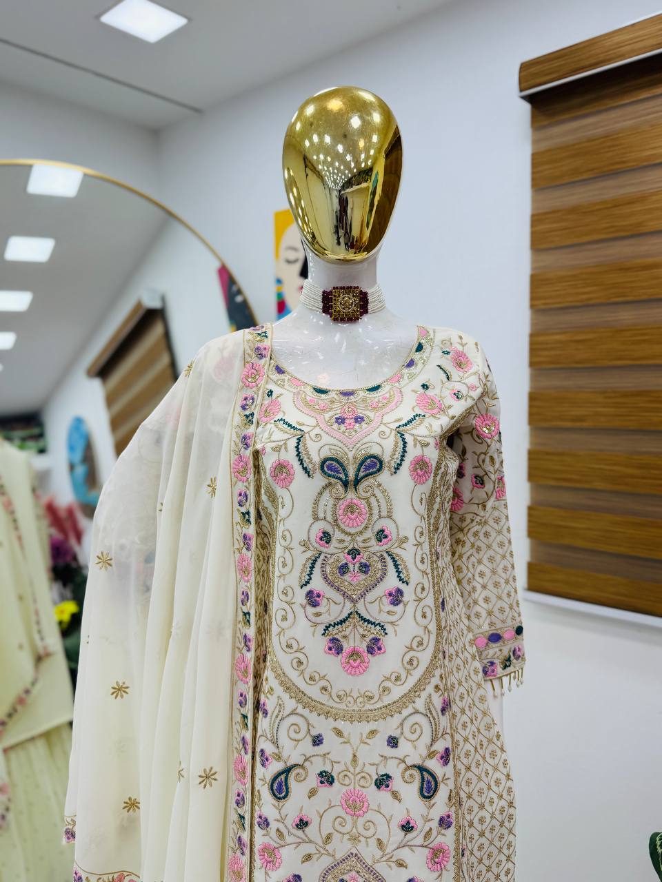 Adorable Heavy Work White Color Palazzo Suit