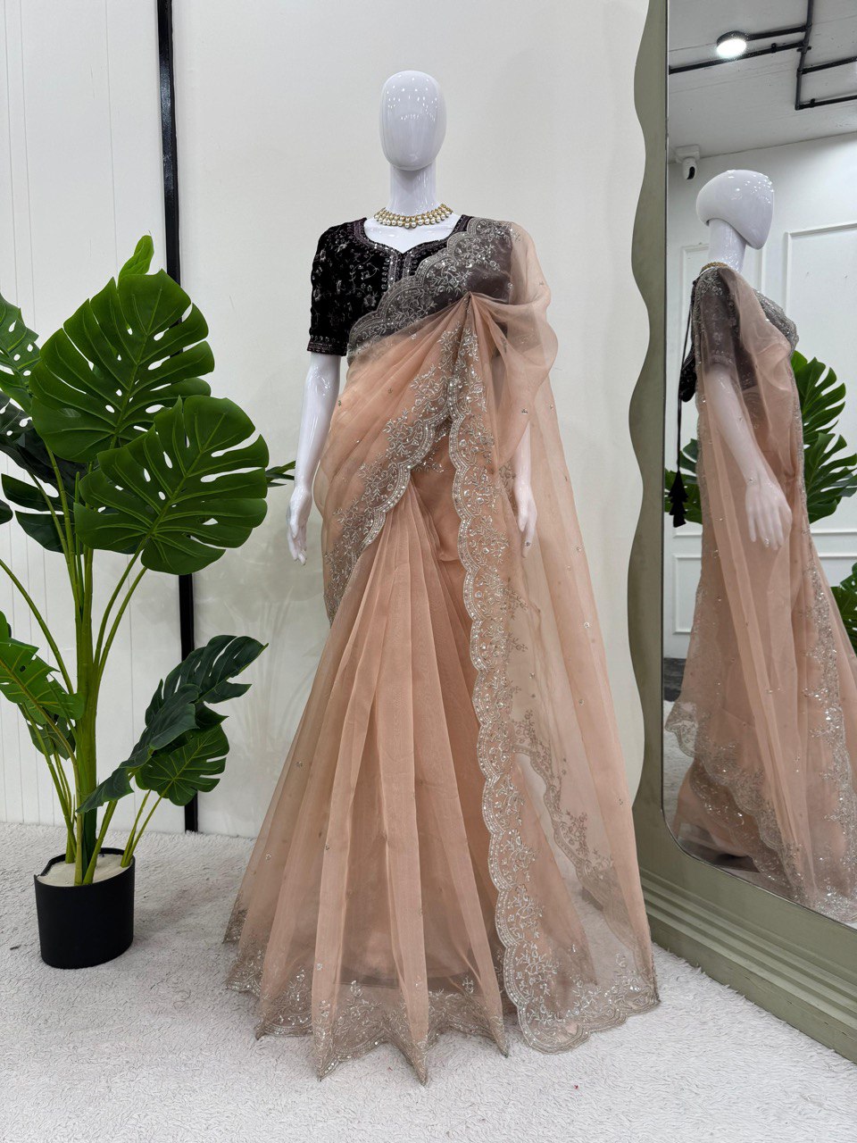 Party Wear Organza Silk Peach Color Saree