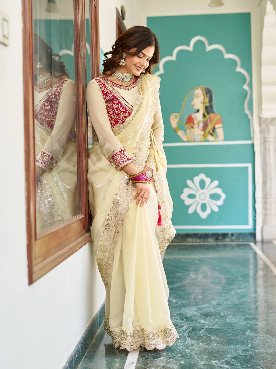 Occasion Wear Gota Pati Work Off White Color Saree With Pink Blouse