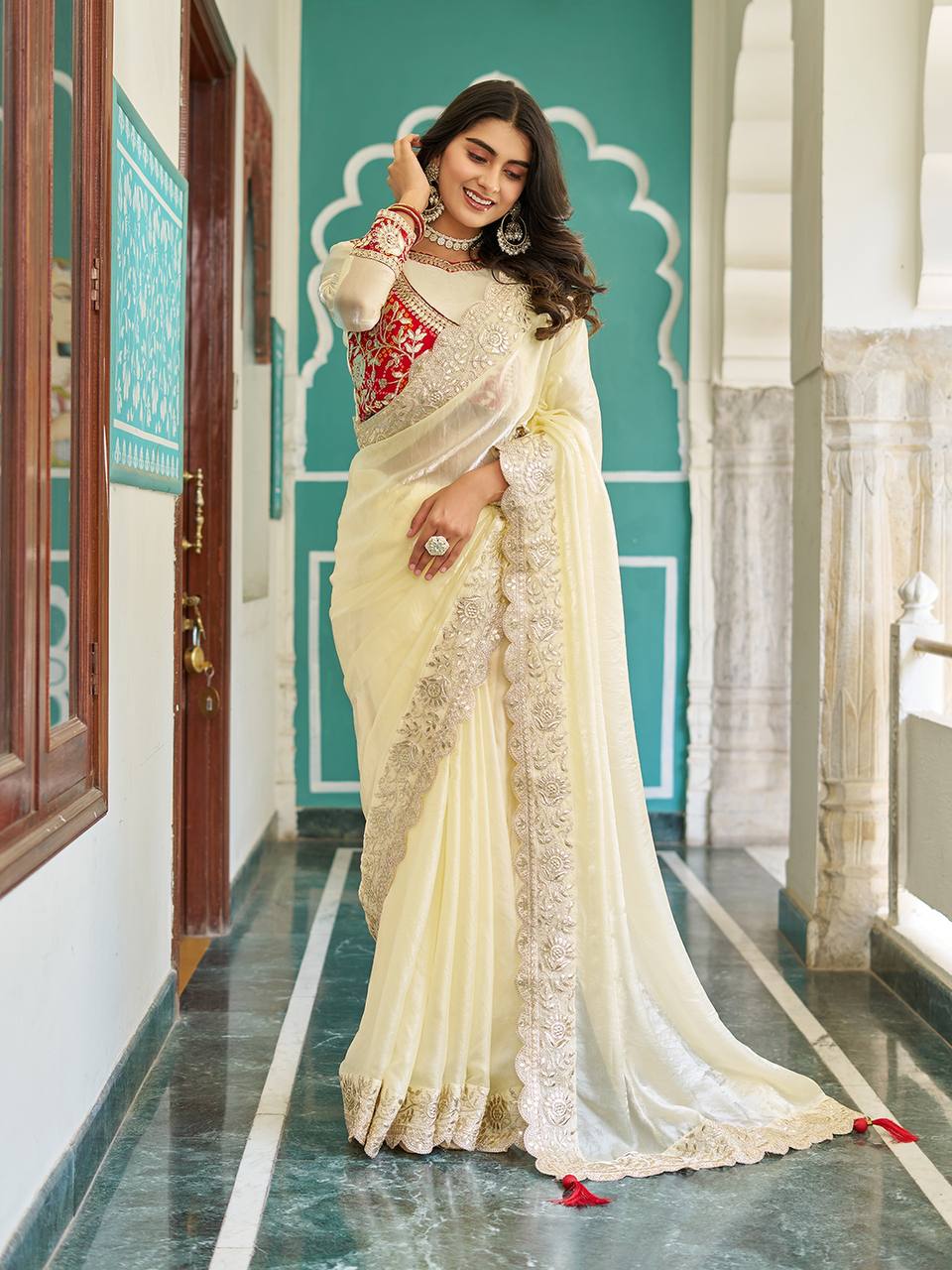 Occasion Wear Gota Pati Work Off White Color Saree With Red Blouse