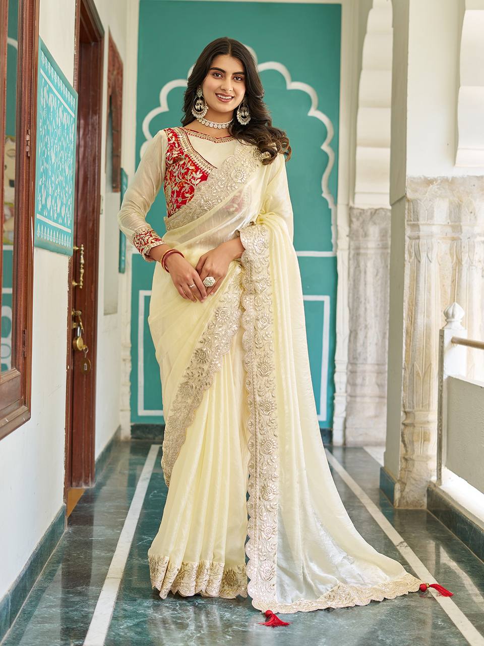 Occasion Wear Gota Pati Work Off White Color Saree With Red Blouse