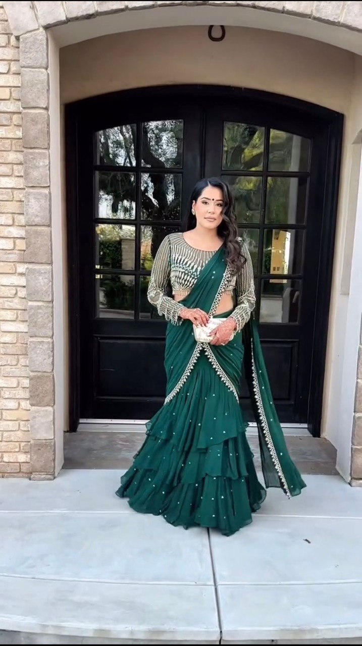Party Wear Georgette Green Color Ready To Wear Lehenga Saree