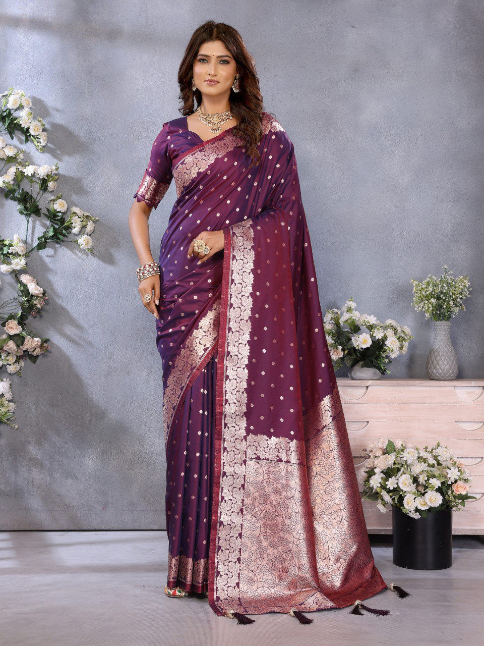 Wine Color Traditional Banarasi Silk Rich Pallu Saree