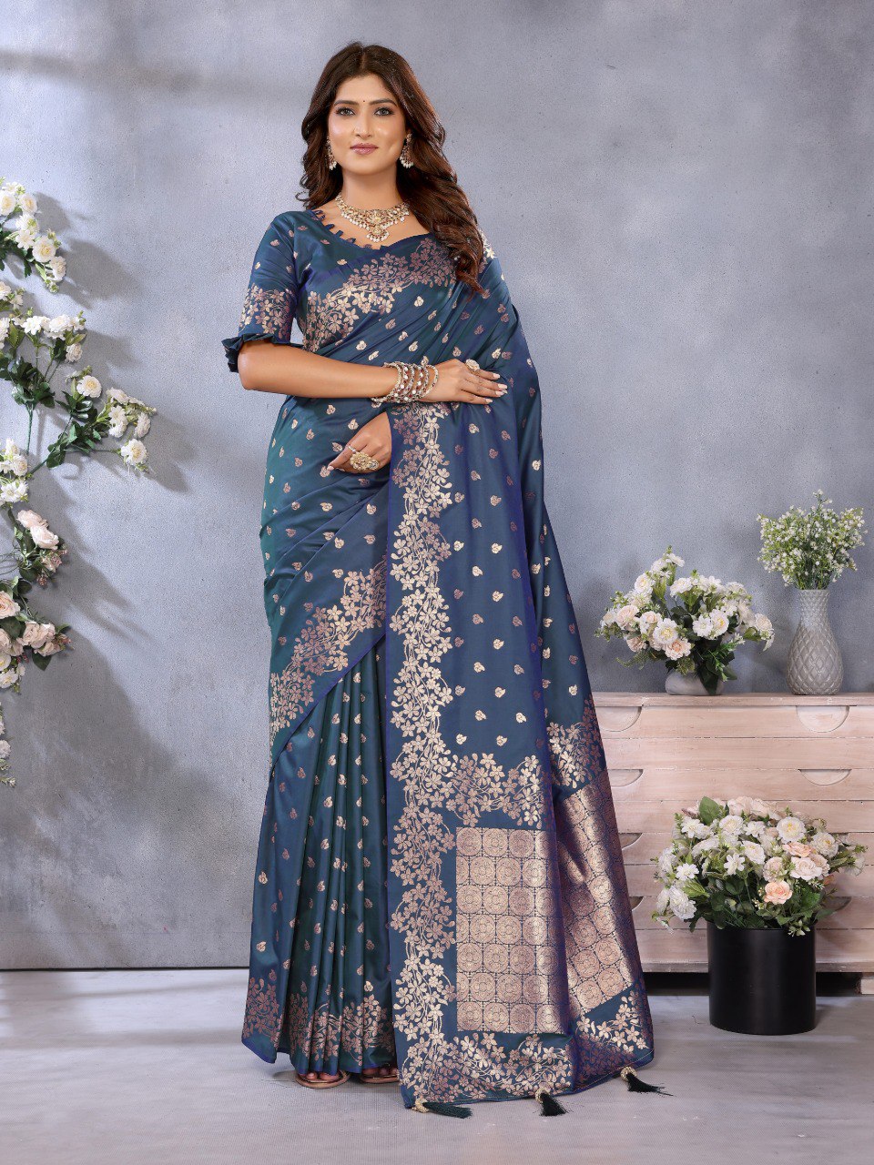 Awesome Banarasi Silk Teal Blue Color Saree