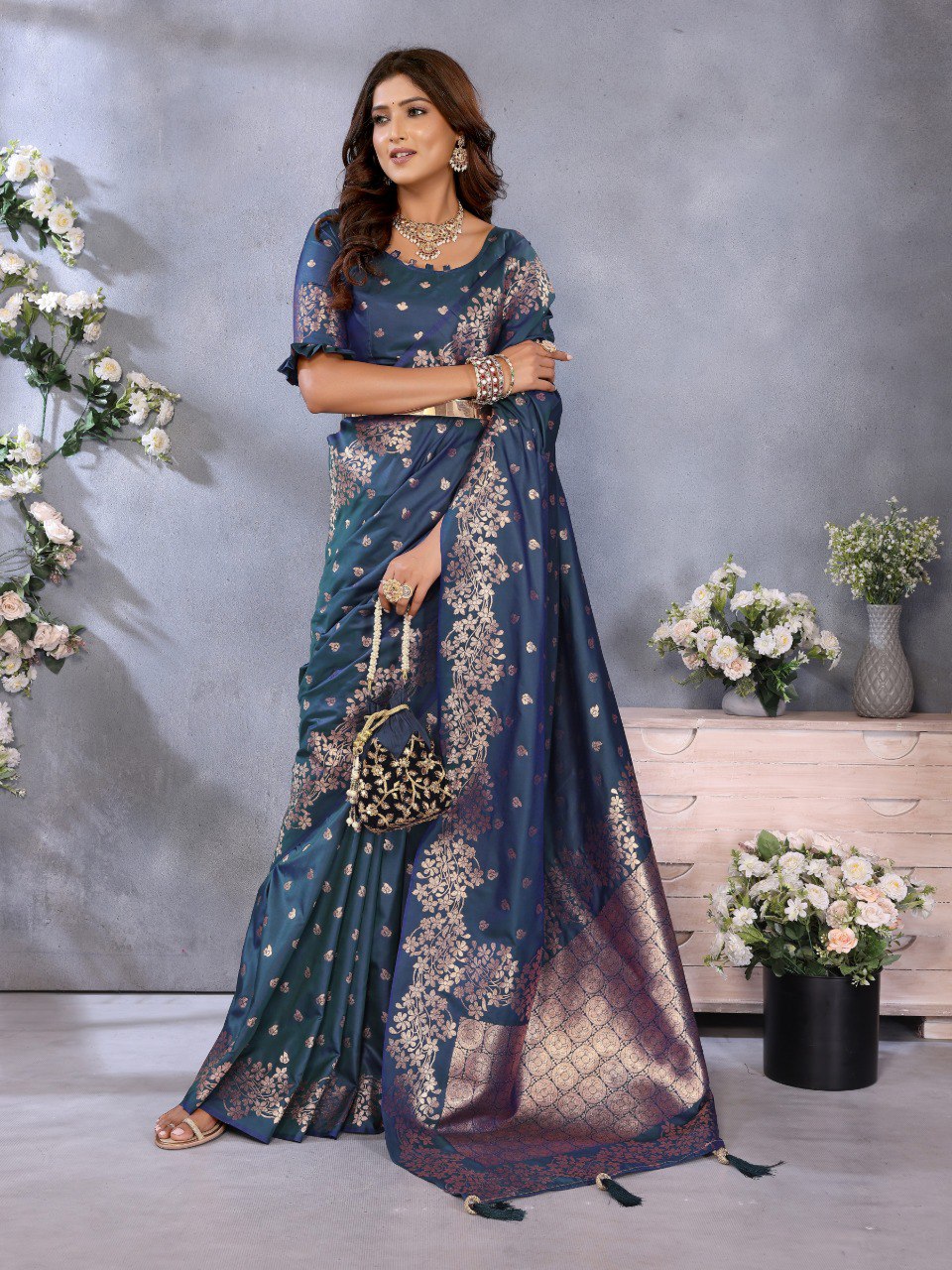 Awesome Banarasi Silk Teal Blue Color Saree