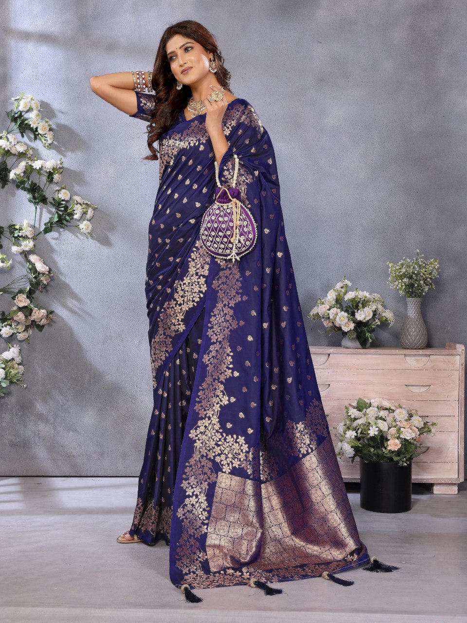 Awesome Banarasi Silk Navy Blue Color Saree