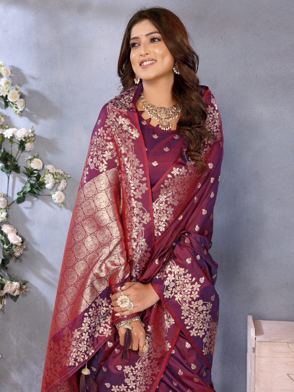 Awesome Banarasi Silk Wine Color Saree