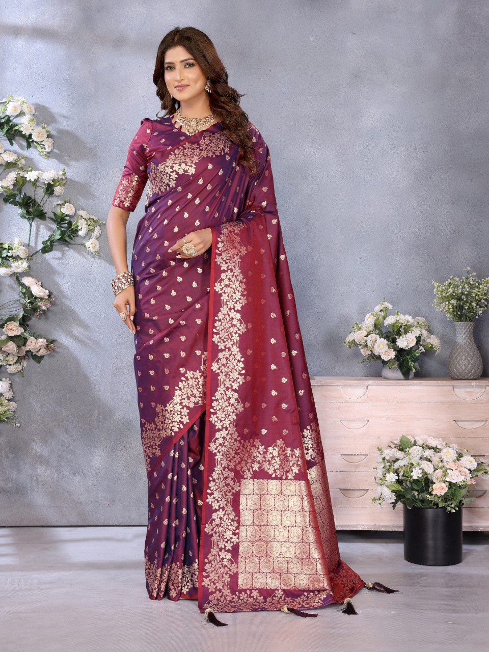 Awesome Banarasi Silk Wine Color Saree