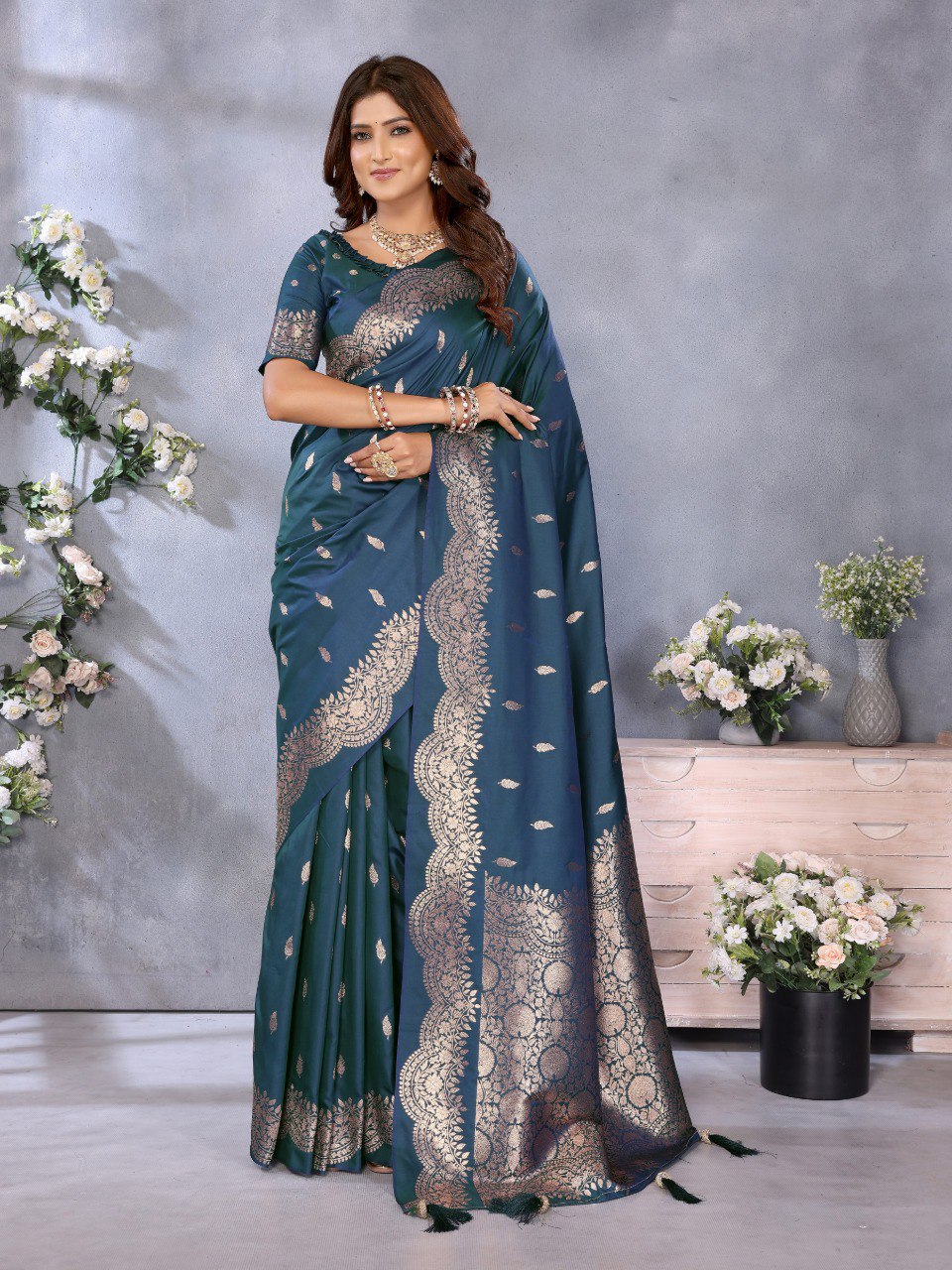Demanding Teal Blue Color Silk Saree