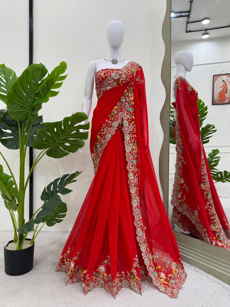 Wedding Wear Sequence Work Red Color Saree