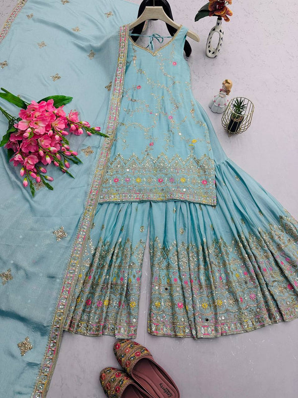 Multi Thread Work Shining Sky Color Sharara Suit