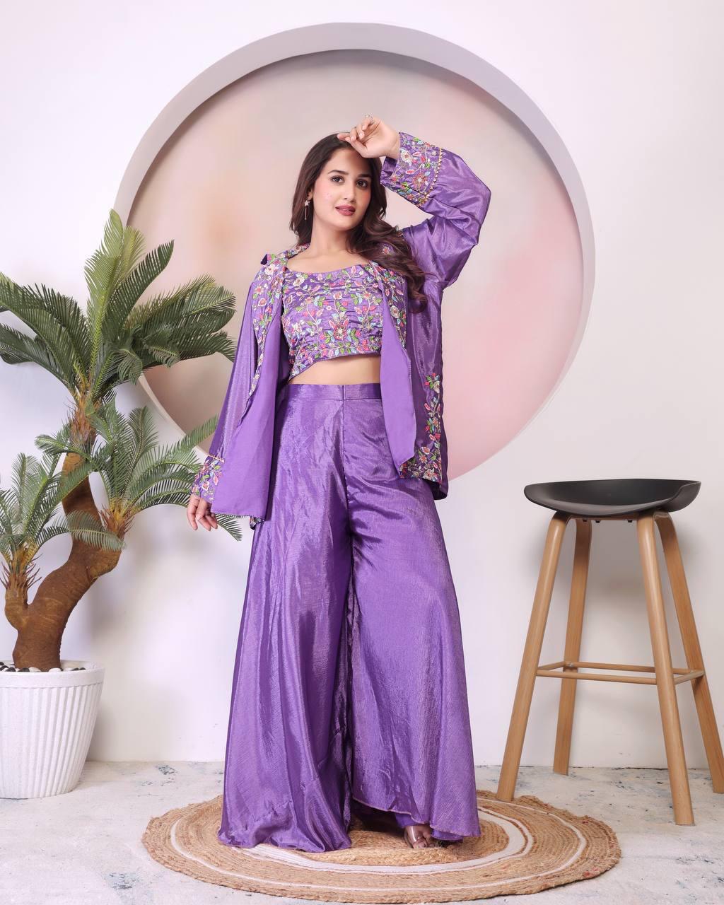 Adorable Multi Embroidery Work Lavender Color Palazzo Suit With Koti