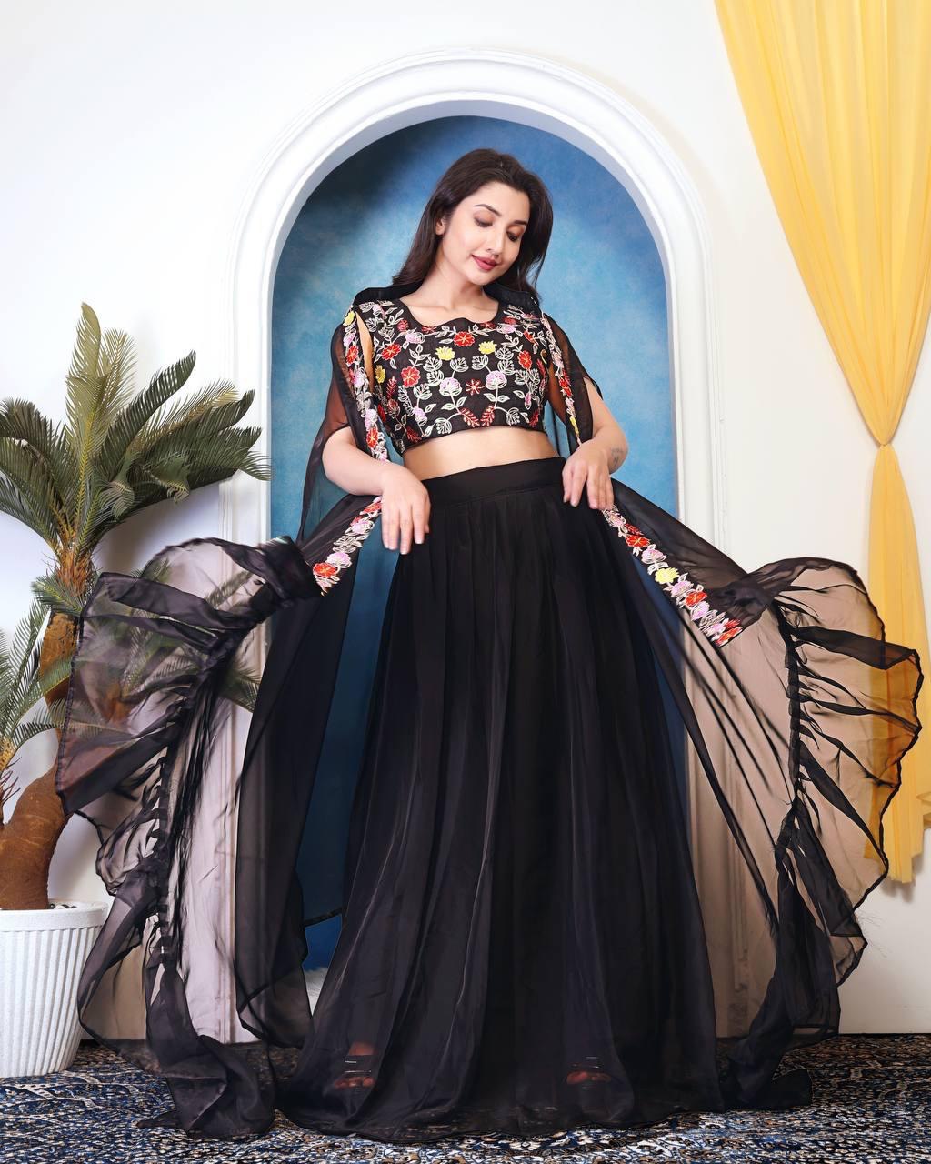 Party Wear Multi Embroidery Work Black Color Lehenga Choli