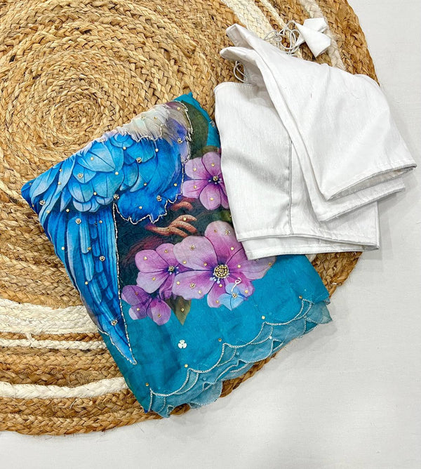 Fantastic Flower Print Sky Blue Color Saree