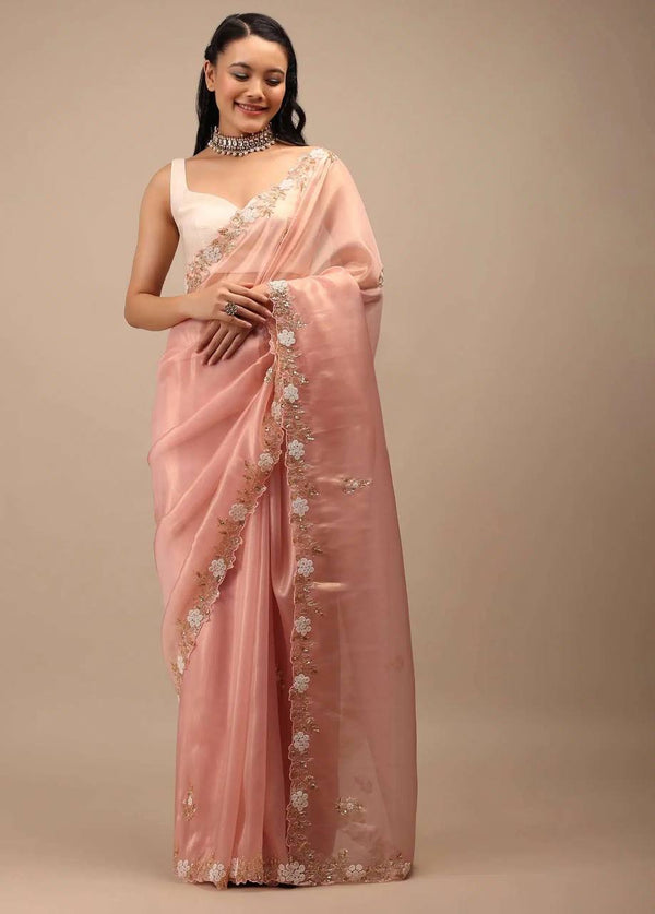 Lovely Border Work Peach Color Saree