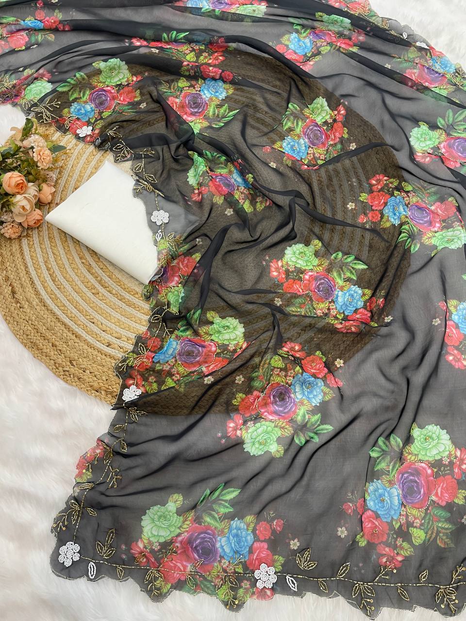 Attractive Flower Print Black Color Saree