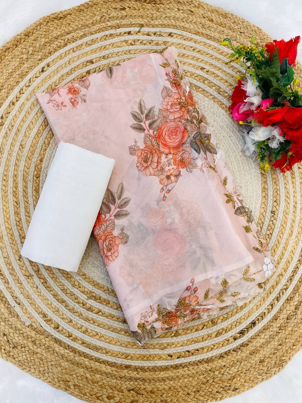 Attractive Flower Print Peach Color Saree