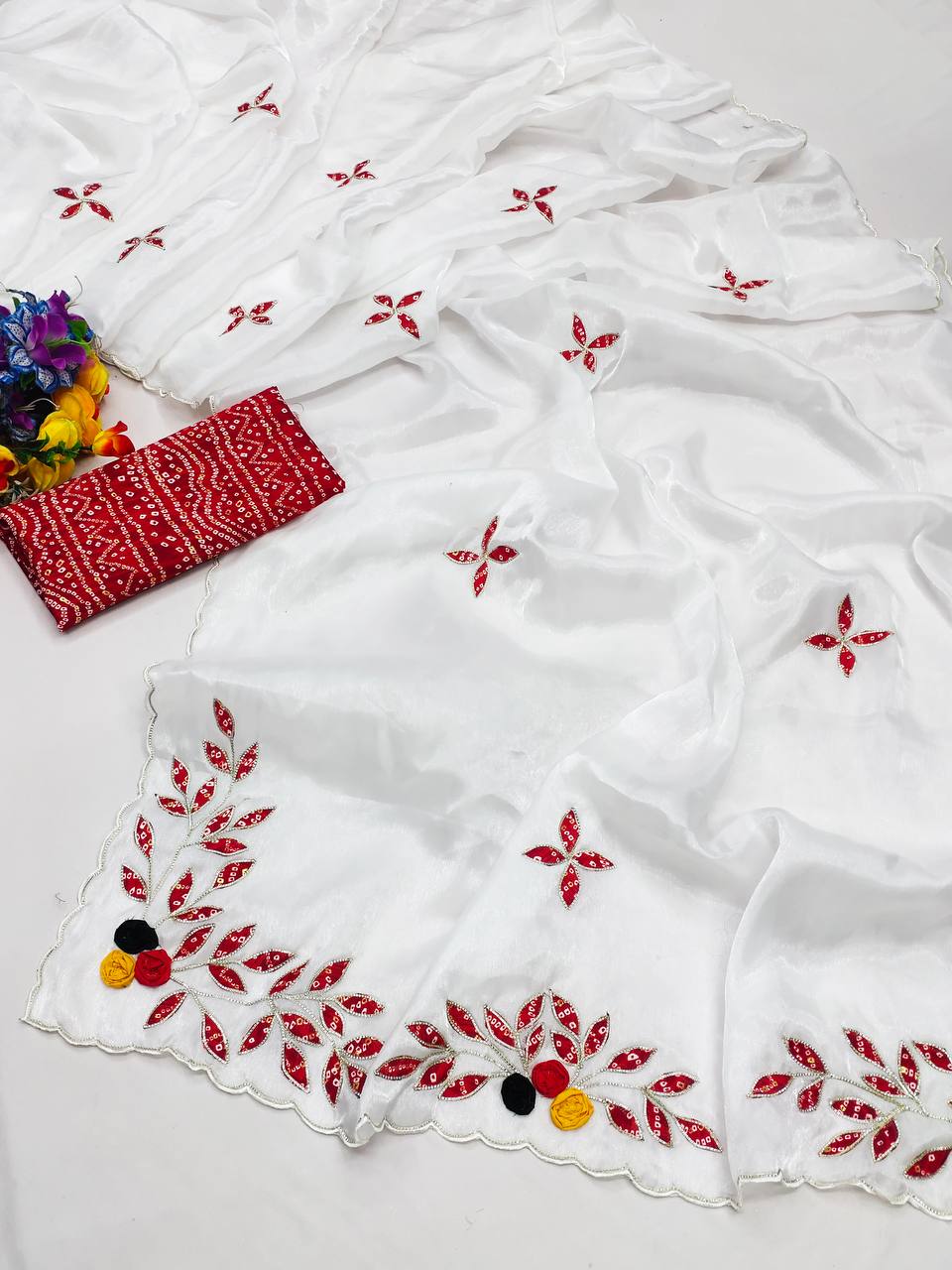 Stunning Bandhani Print White Color Saree