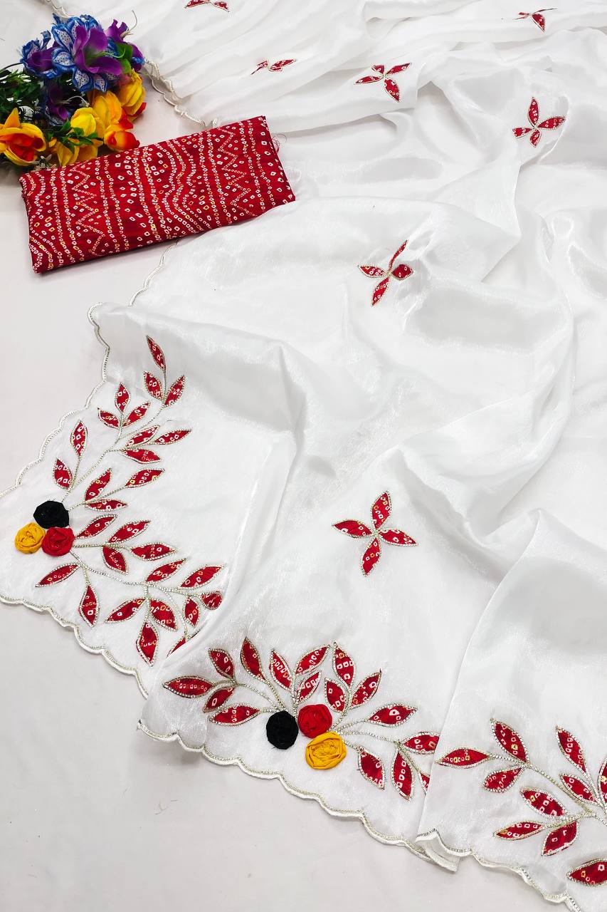 Stunning Bandhani Print White Color Saree