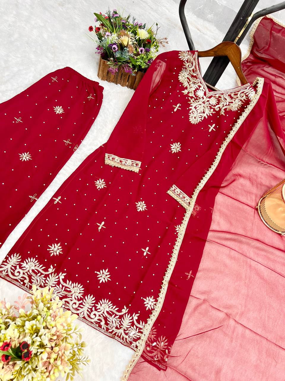Adorable Sequence Work Red Color Palazzo Suit